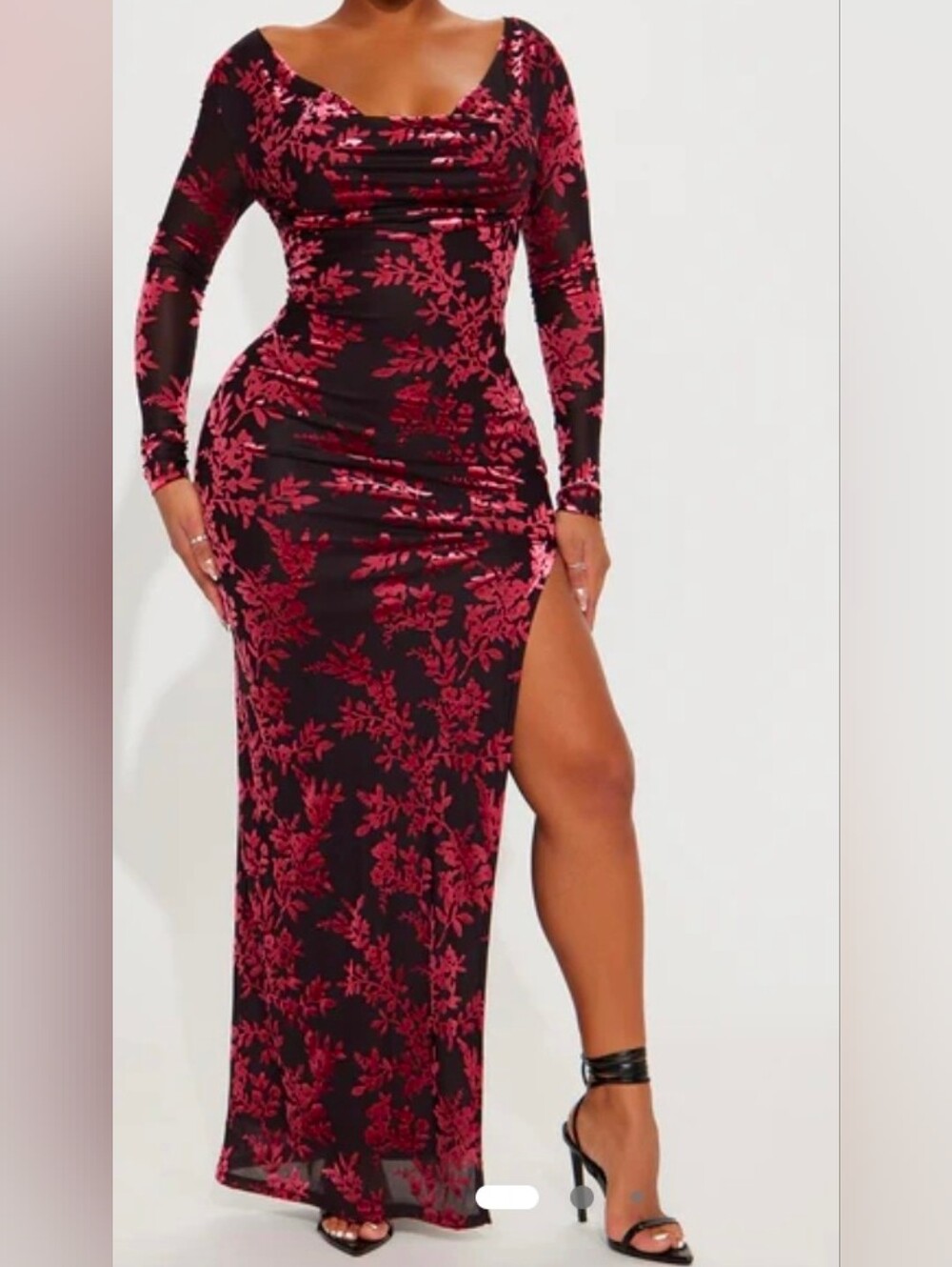 Flattering Velvet Red & Black Long Sleeve Draped Dress